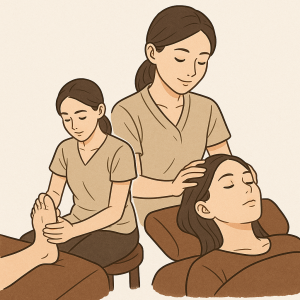 女性セラピストによるヘッドスパ、足つぼのイラスト